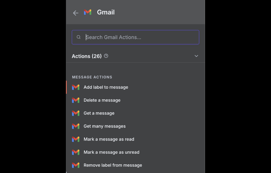 A section of the n8n GMail node actions list