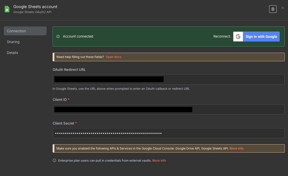 An example google sheets credential