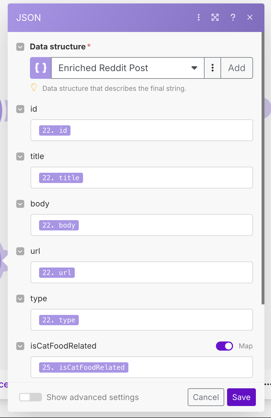 Mapping to the enriched Reddit post data structure
