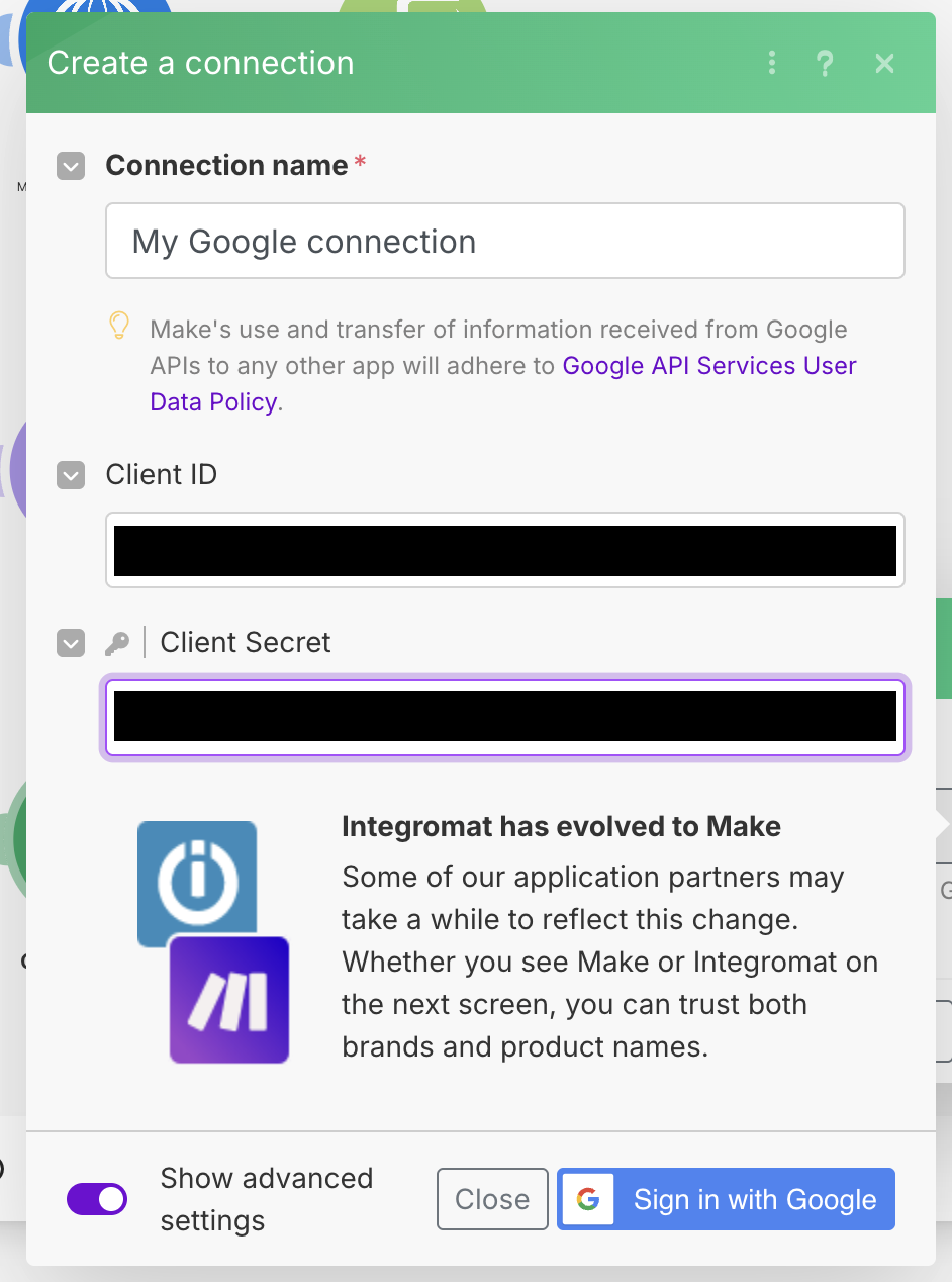Make sure to use advanced mode to add the Client ID and Secret