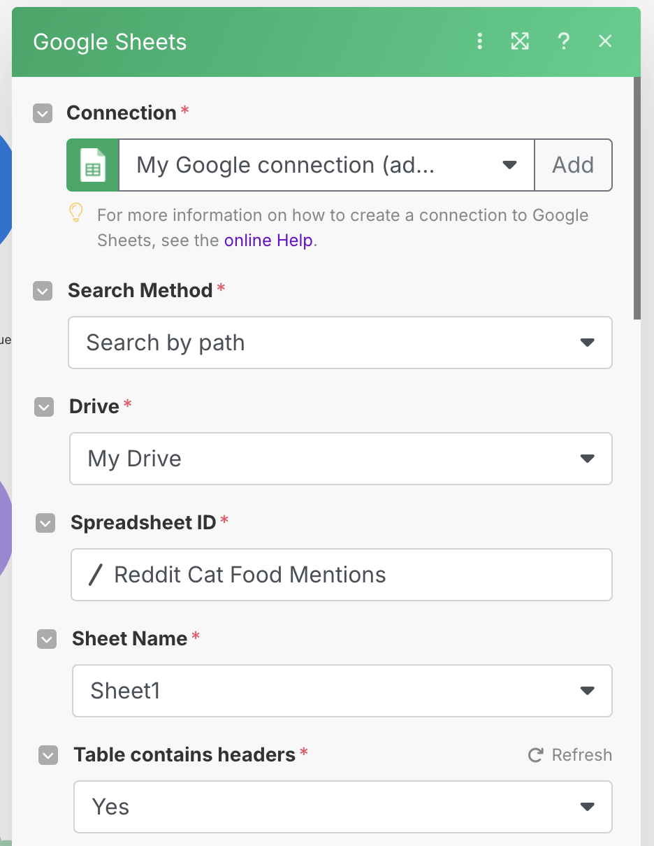 Setting up the Google Sheet module