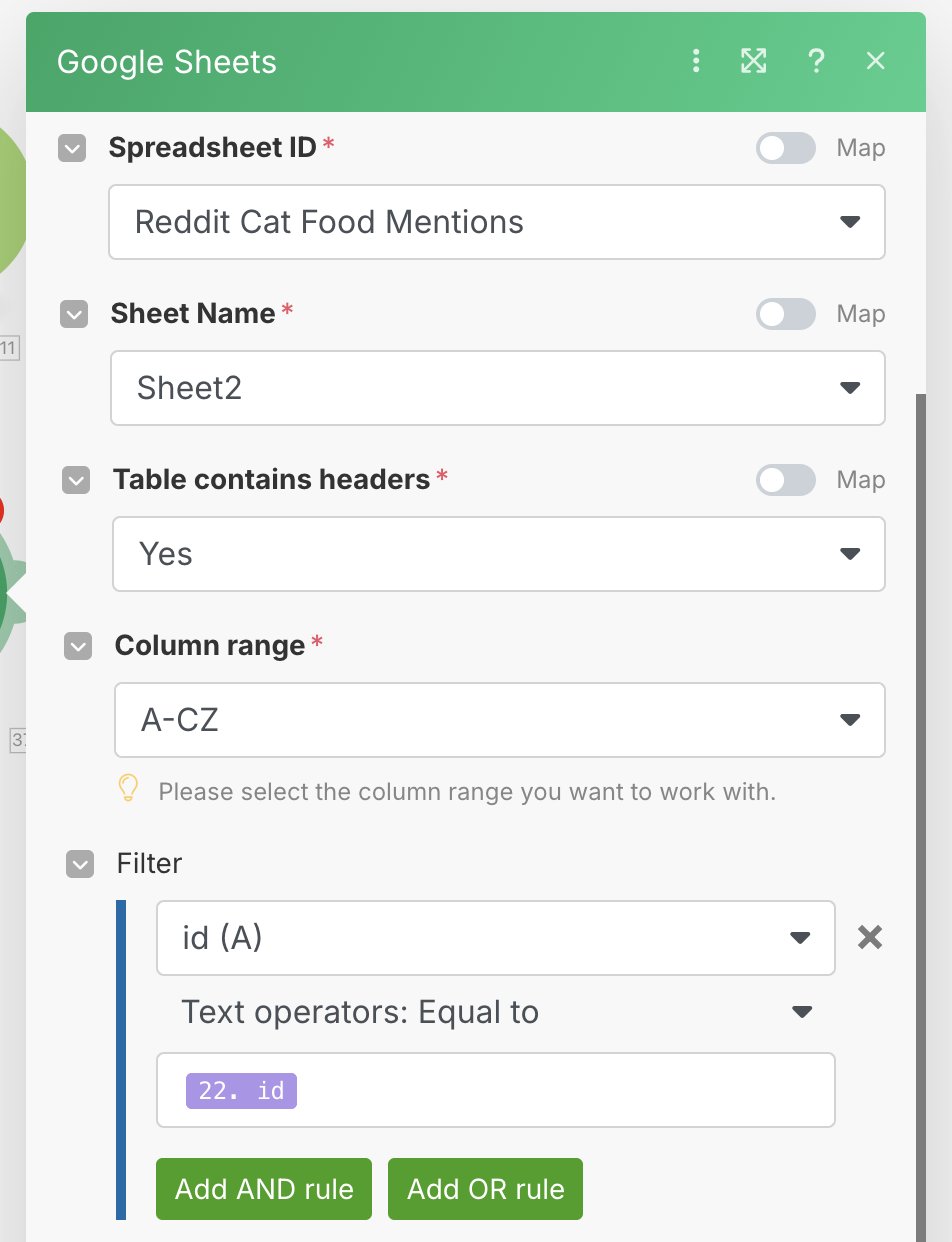 Setting up the Google Sheets module to check for duplicates