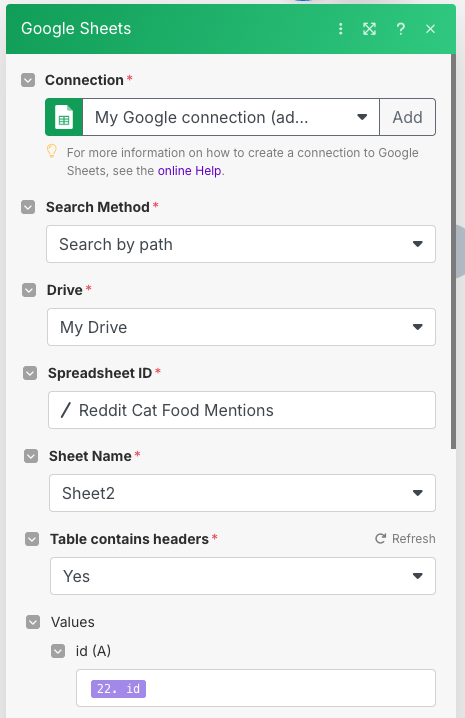 Setting up the Google Sheets module to write post IDs