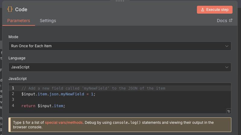 Configuring the code node