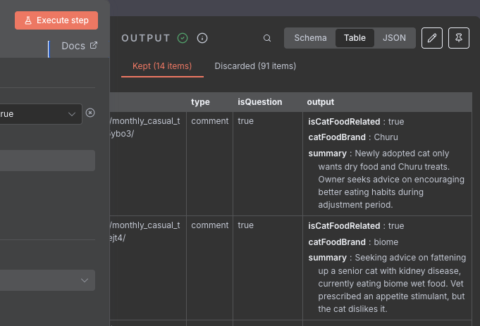 The extracted information is nested inside the `output` key