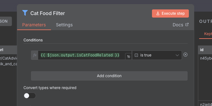 Configuring the `Filter` node to remove posts not related to cat food
