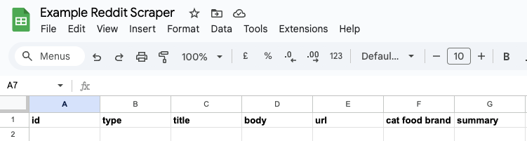 Google Sheet with column names set up