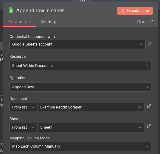 Google Sheets node main configuration