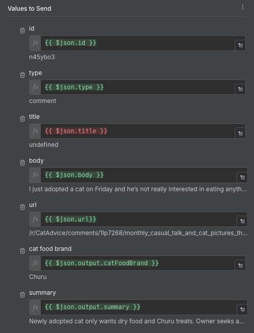 Google Sheets individual column mappings. Note that the `title` field is highlighted red, as all of the hits that we got were comments, so they did not have a title!