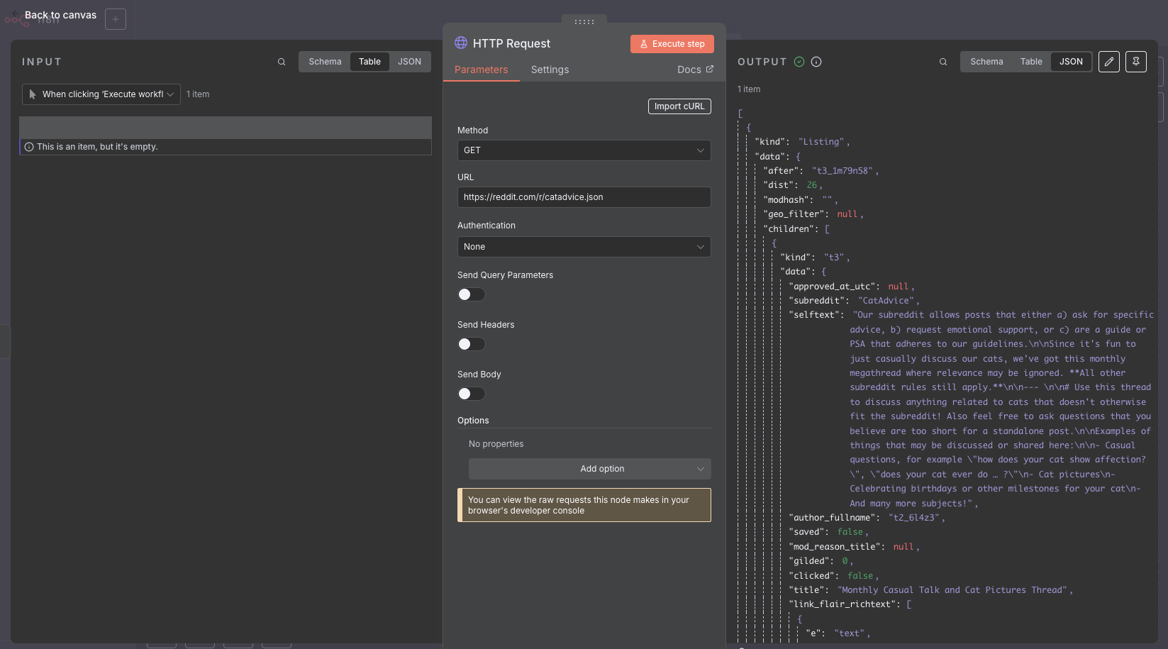 Output visible in the HTTP request node