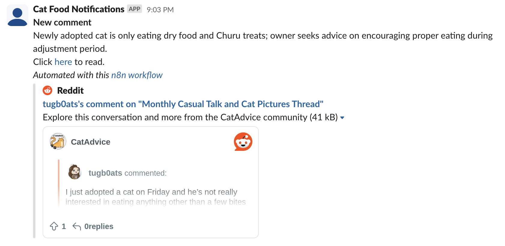 Our bot sending us one of our hits in a Slack channel