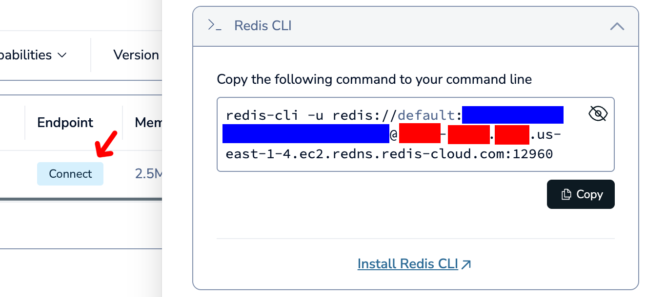 The Redis credentials. The blue part is the password, and the red part is part of the host name