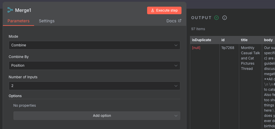 Configuring the second Merge node