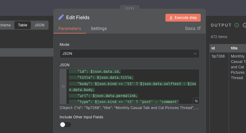 Configuring the `Edit Fields` node