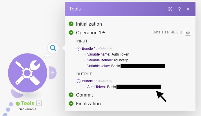 Copy the authorization token from the variable