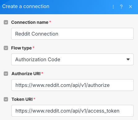 Click this button to create a connection to the Reddit API