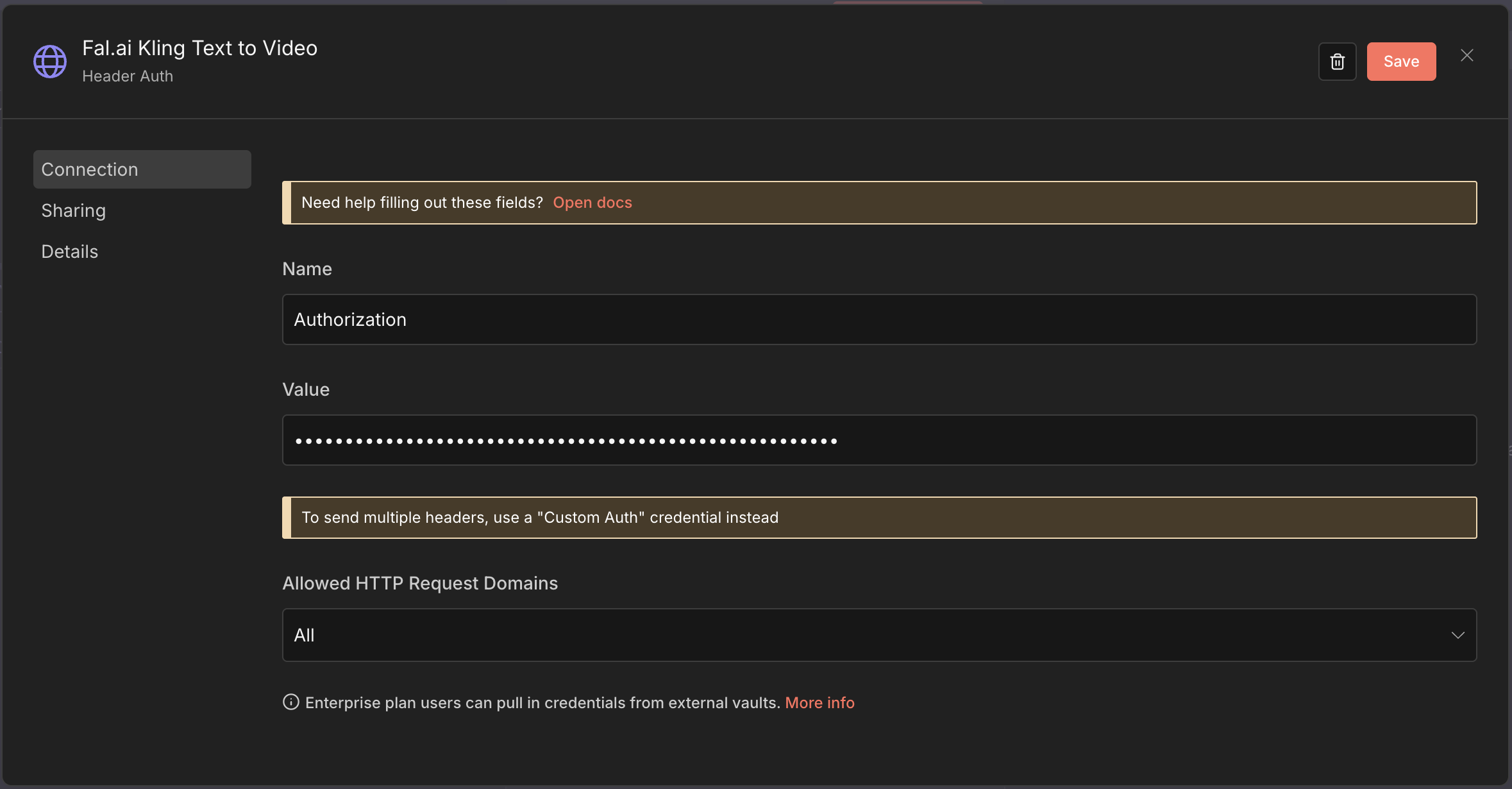 Setting up the Fal.ai header credential