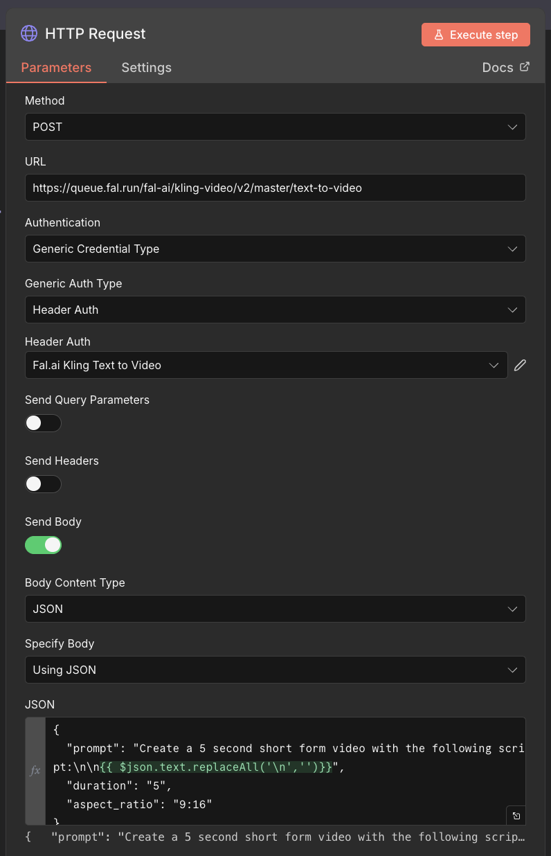 Setting up the video creation HTTP request node