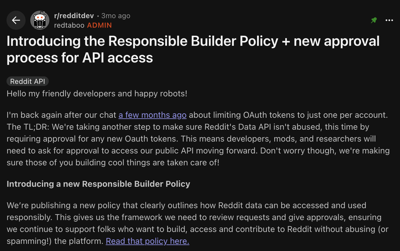 Reddit Responsible Builder Policy announcement