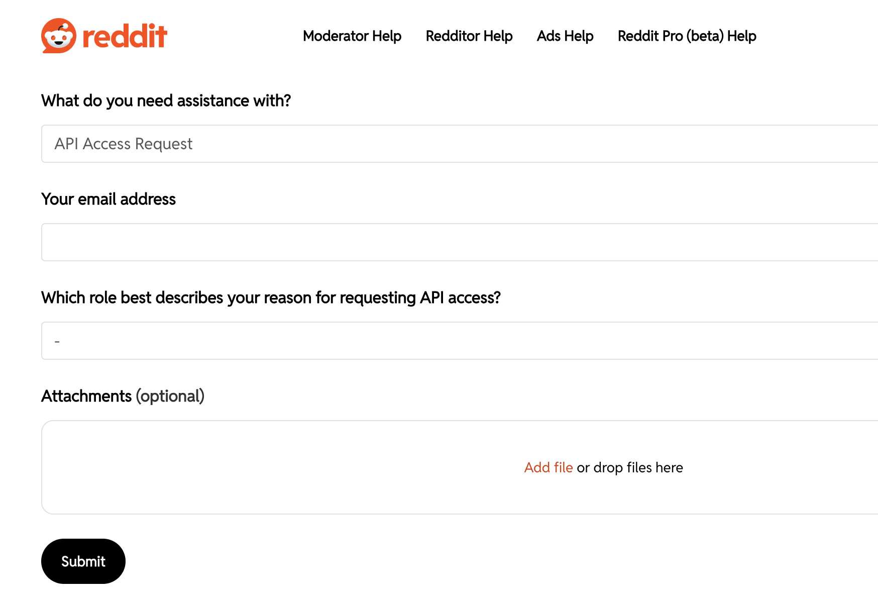 The API access request form