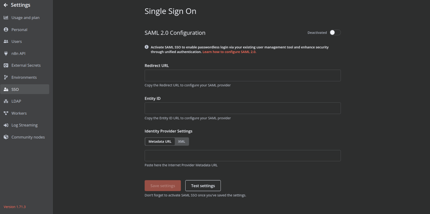 The n8n SSO configuration screen